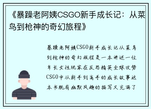 《暴躁老阿姨CSGO新手成长记：从菜鸟到枪神的奇幻旅程》